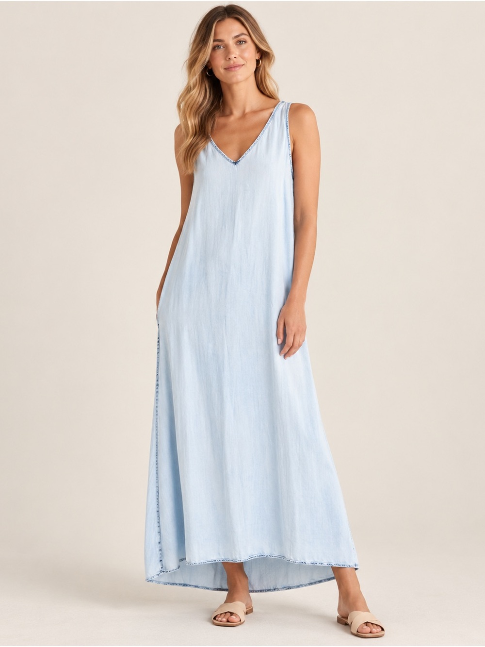 Joan Vass Studio XL Tencel Light Blue Sleeveless Maxi Dress